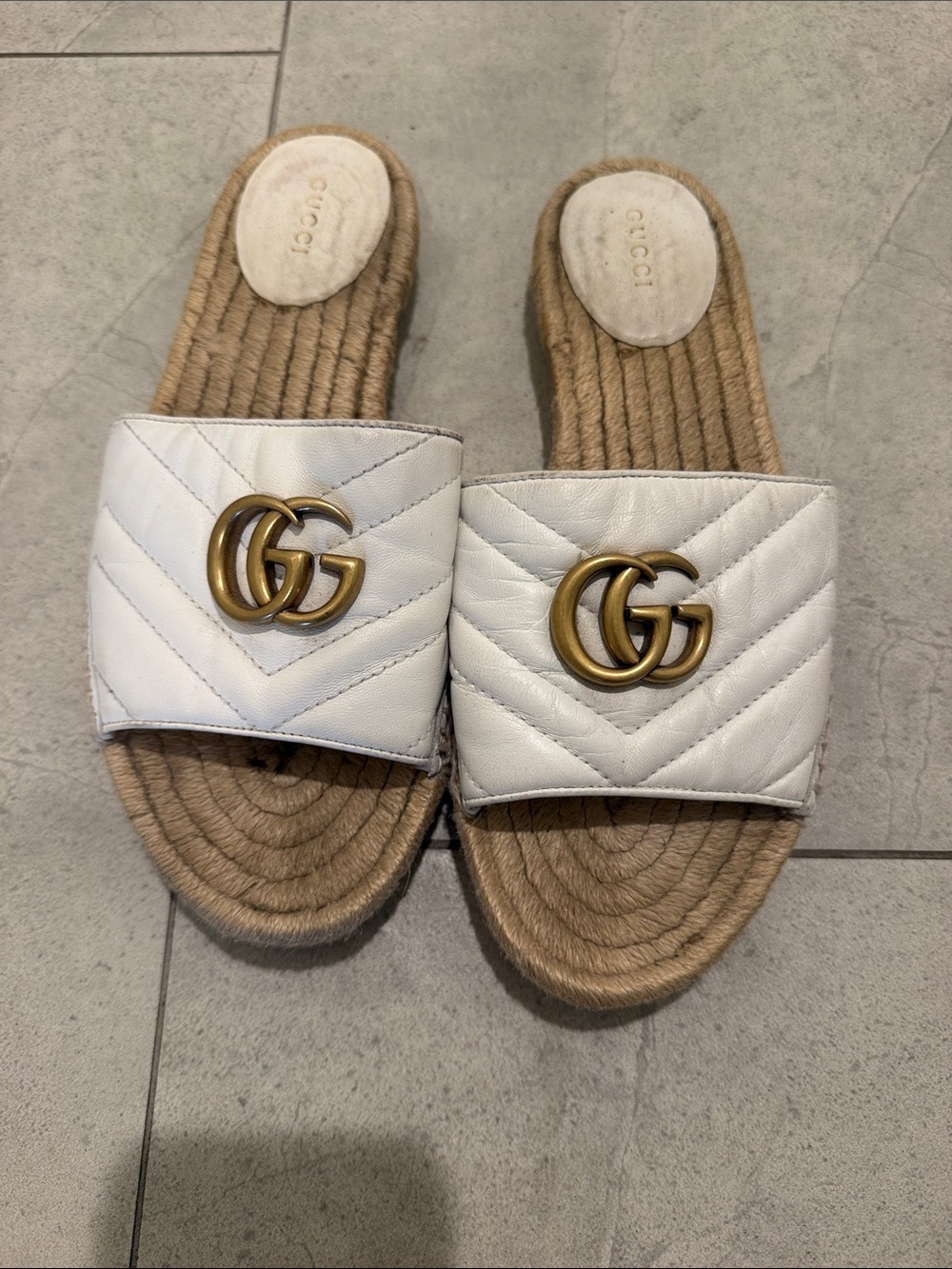 Gucci Marmont GG White Quilted espadrille Leather Slide with dust bag